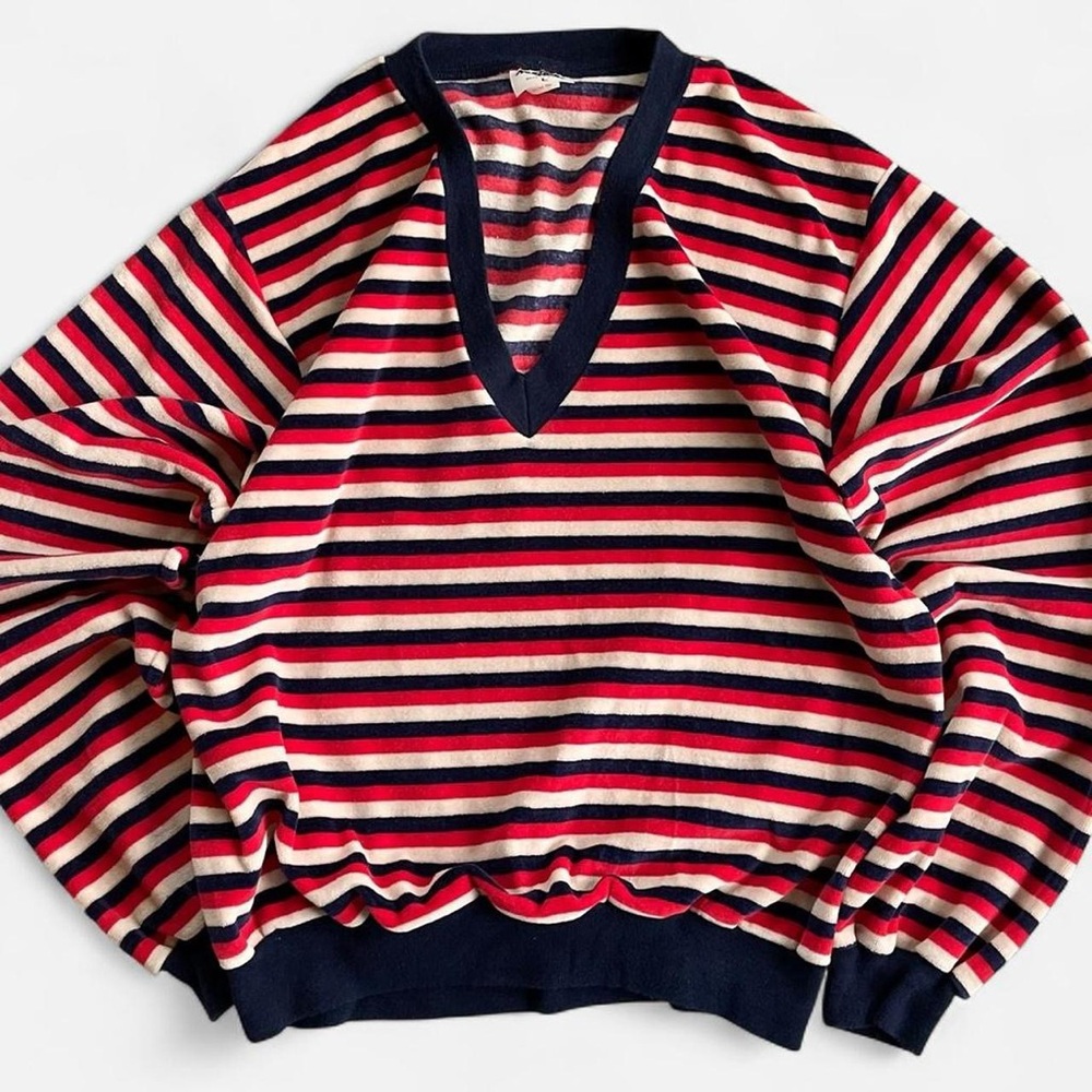 Vintage Munsingwear Red Navy Blue Tan Striped V Neck Velour Pullover Sweater L